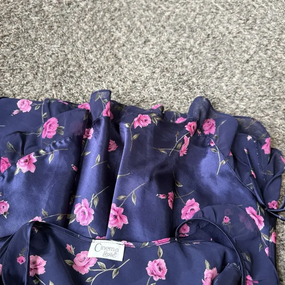 VTG Cinema Etoile Blue Pink Floral Satin Babydoll Lingerie Slip Dress Y2K 90s M